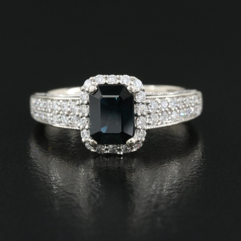 14K White Gold, 1.24CT Sapphire And Diamond Ring.